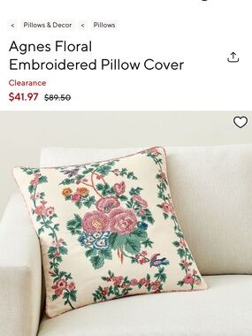 Pottery Barn Agnes Floral Embroidered Pillow Cover in Cream, Pink, Green, Blue